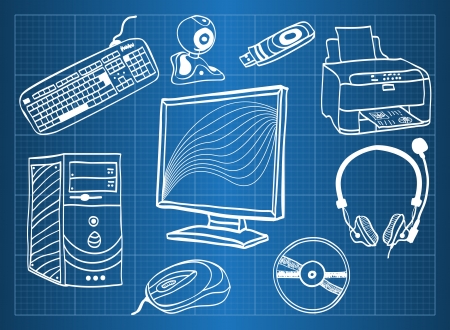 Blueprint of computer hardware - peripheral devices, sketch styleのイラスト素材