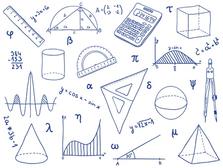 Illustration of mathematics - school supplies, geometric shapes and expressionsのイラスト素材