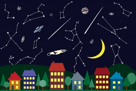 Illustration of night sky above the city - astronomical phenomenaのイラスト素材