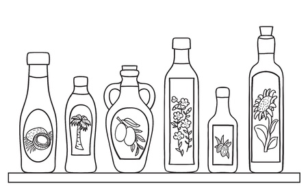 Set of natural oils in bottles - hand drawn illustrationのイラスト素材