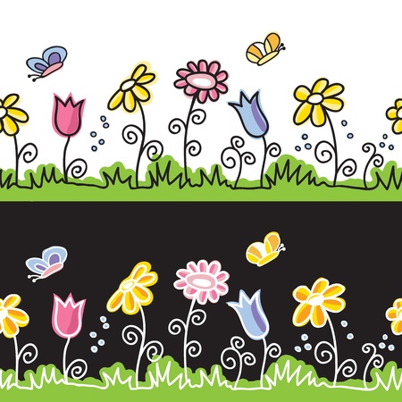 Summer flowers  and butterflies on meadow  - seamless background のイラスト素材