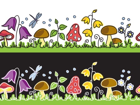 Summer flowers  and mushrooms on meadow  - seamless background のイラスト素材
