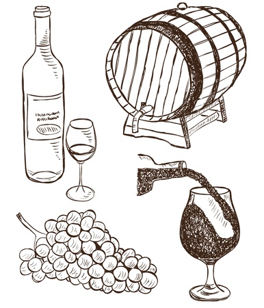 Illustration of wine and grapes collection - doodle styleのイラスト素材