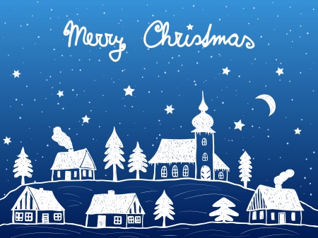 Christmas village with church at night - hand drawn illustrationのイラスト素材