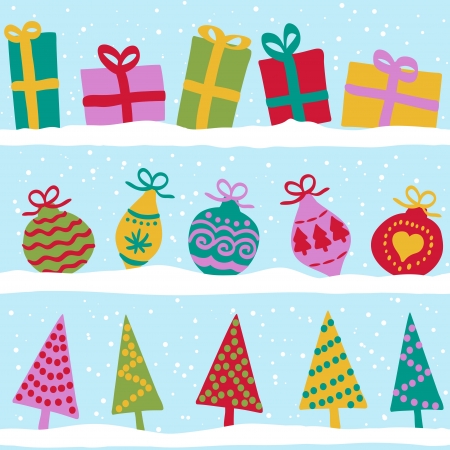 Christmas winter seamless pattern, presents, balls and trees on snowのイラスト素材
