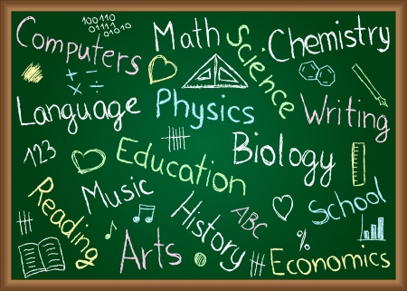 Illustration of school subjects and doodles drawn on chalkboardのイラスト素材