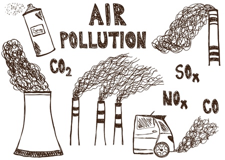Illustration of air pollution doodle drawings on white backgroundのイラスト素材