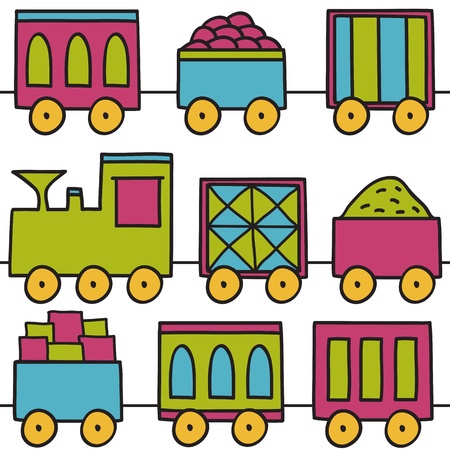 Illustration of colored train - seamless pattern on white backgroundのイラスト素材