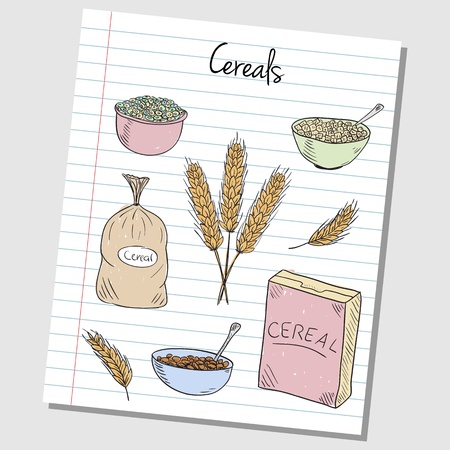 Illustration of cereals colored doodles on lined paperのイラスト素材