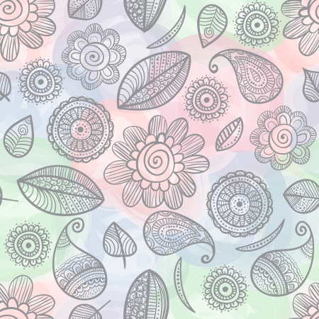 Illustration of flower doodles on watercolor seamless pattern backgroundのイラスト素材