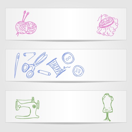 Three vector banners with sewing and knitting suppliesのイラスト素材