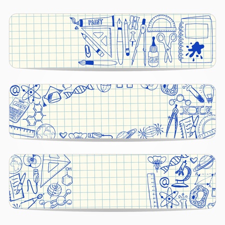 
banners with school and scientific doodles on squared paperのイラスト素材