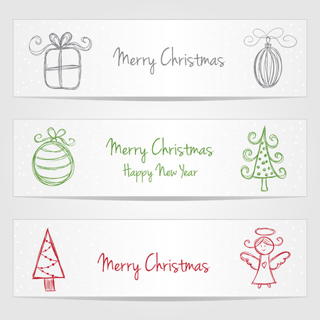 Three banners with christmas doodles and snowのイラスト素材