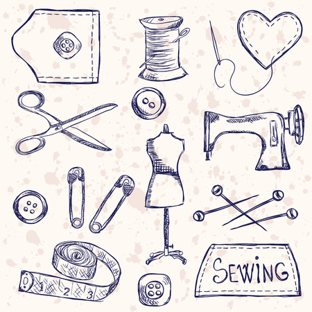 Illustration of vintage sewing accessories, doodle styleのイラスト素材