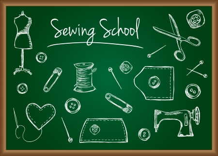 Illustration of sewing accessories on school board, doodle styleのイラスト素材
