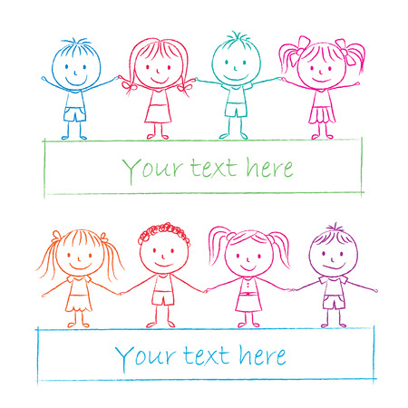 Illustration of kids holding hands - colored chalk drawingのイラスト素材