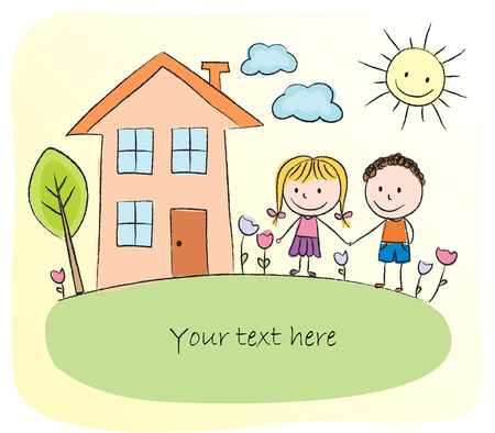 Kids playing in front of the house - chalk drawingのイラスト素材