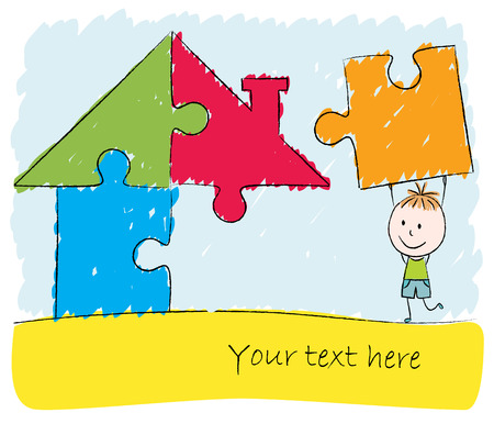 Illustration of boy solving puzzle house - chalk drawingのイラスト素材