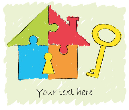 Illustration of puzzle house with key - chalk drawingのイラスト素材