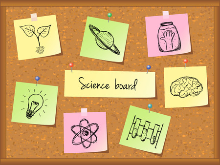 Illustration of scientific stuff on cork board. Hand drawn style.のイラスト素材