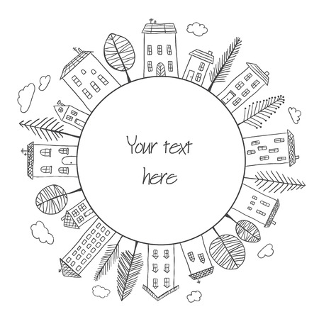 Illustration of hand drawn houses in circle shapeのイラスト素材