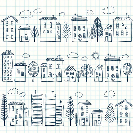 Illustration of hand drawn houses on squared paper, seamless patternのイラスト素材