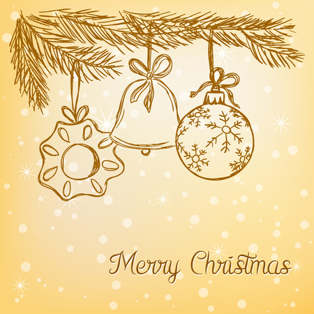 Illustration of Christmas balls doodle style on gold snowy backgroundのイラスト素材