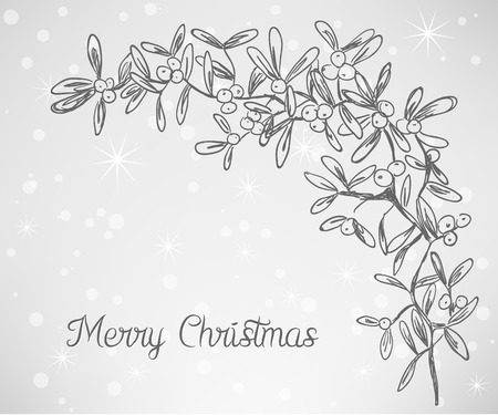 Illustration of Christmas mistletoe doodle style on silver snowy backgroundのイラスト素材