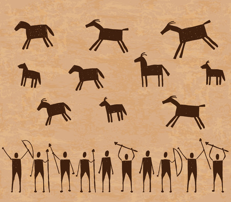 Illustration of prehistoric cave art paintings with animalsのイラスト素材