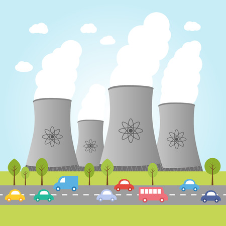Illustration of nuclear power plants with road and carsのイラスト素材