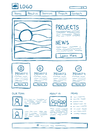 Hand drawn website layouts. doodle style designのイラスト素材