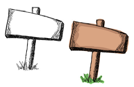 Set of doodle wooden sign boards on a grass .Vector illustration isolated on white. Hand drawn sketch of signs.のイラスト素材