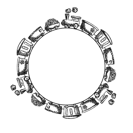 Train with wagons in circle. Round illustration of locomotive and wagons seamless. Doodle style.のイラスト素材