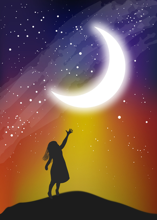 The girl touching the moon on the sky, digital watercolor paintingのイラスト素材