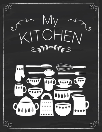 Kitchen tools and pots on the black boardのイラスト素材