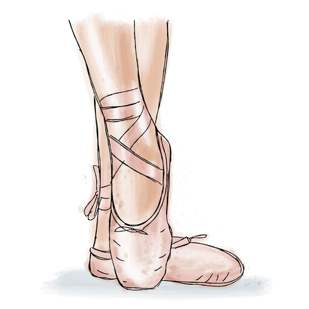 Pink ballerina shoes. Ballet pointe shoes with ribbon. Hand drawn art work isolated on white background.のイラスト素材