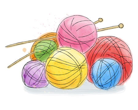 Ball of wool with pins, doodle watercolor paintingのイラスト素材