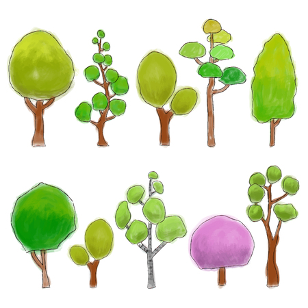 Different types of colored cartoon trees, watercolor illustrationのイラスト素材