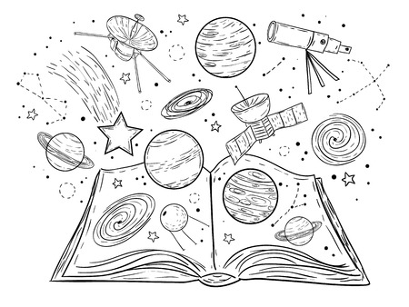 Open book with universe, planets, stars and galaxies, vector doodleのイラスト素材