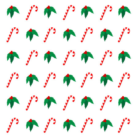 Merry Christmas pattern with mistletoe and lollipop isolated on white backgroundのイラスト素材