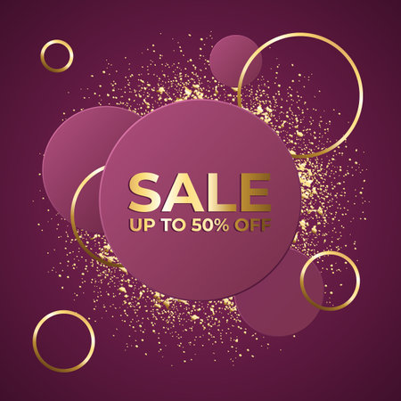 Up to 50% off discount banner with metallic golden sparkling elements on pink backgroundのイラスト素材