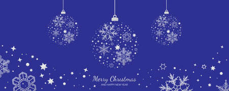 Christmas and New Year greeting card with tree ornament with silver snowflakes. Celebrate the magic of Christmas and New Year with this elegant vector illustration square blue cardのイラスト素材