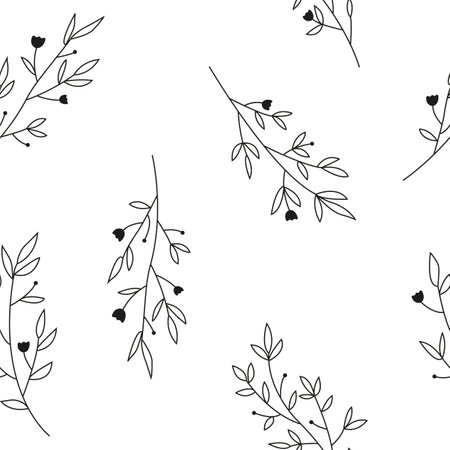 Minimalistic line art pattern with plant branches isolated on white backgroundのイラスト素材