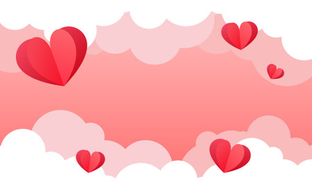 Pink Valentine's Day white soft clouds and red hearts background for cardのイラスト素材