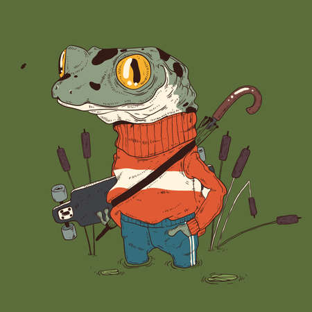 Illustration of modern dressed frog with longboardのイラスト素材