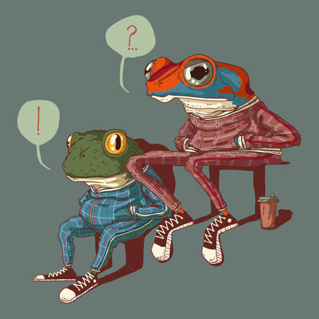 Illustration of two sitting frogs dressed in sport suitsのイラスト素材