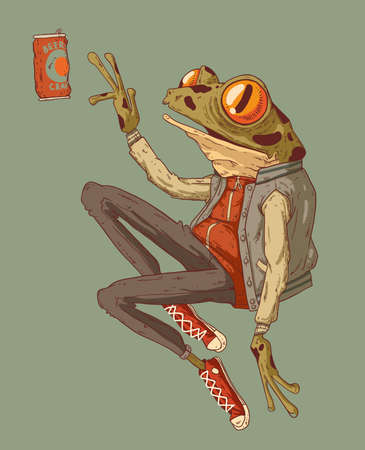 Frog catches a can of beerのイラスト素材