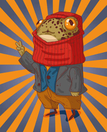 A well-dressed frog in a jacket with a knitted balaclava on her head shows everyone in peaceのイラスト素材