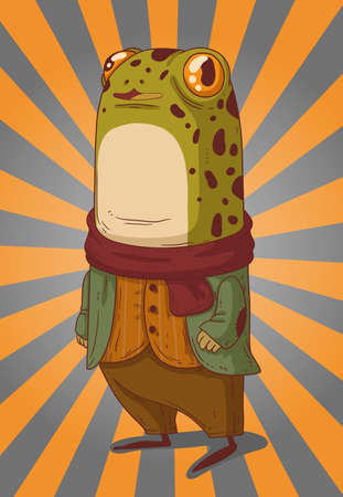 The frog gentleman stylishly dressed, in a scarf in cool weather went for a walk in the garden with friendsのイラスト素材