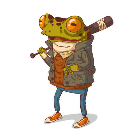 A thug frog with a bat, isolated vector illustration. Casually dressed anthropomorphic frog, holding a baseball bat over his shoulder. An animal character with a human body. Humanized frog dude.のイラスト素材
